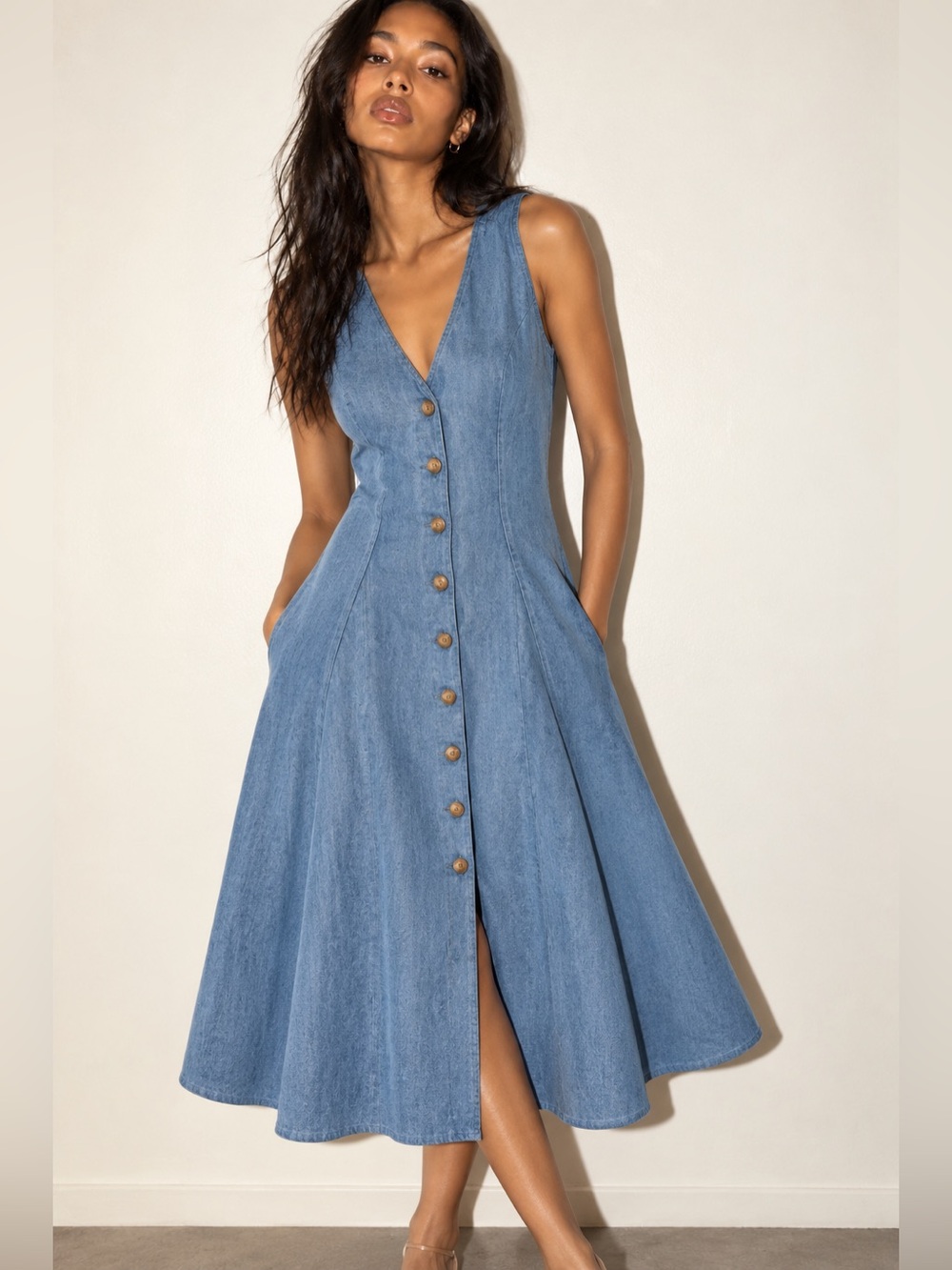 Veronica Beard Lou Pleated Denim Midi Dress Blue Mirage Size 10